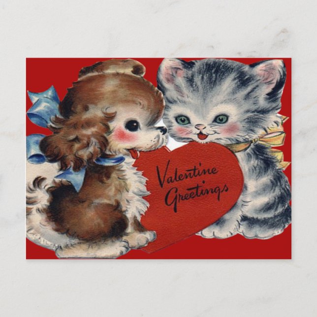 Vintage Retro Puppy & Kitten Valentine Card (Front)