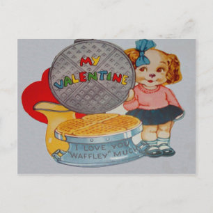 Vintage Retro Puppy With Waffle Iron Valentine Car Holiday Postcard