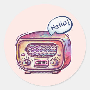 Vintage Retro Radio Hello Watercolor Classic Round Sticker