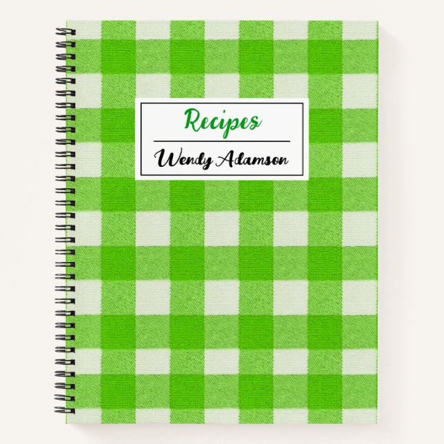 Vintage Retro Recipe Book. | Green Gingham Plaid Notebook (Front)