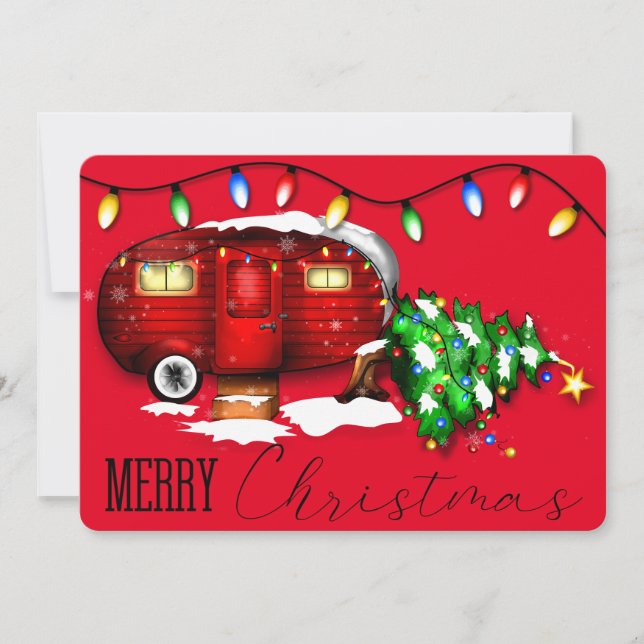 Vintage Retro Red Camper Christmas Card (Front)
