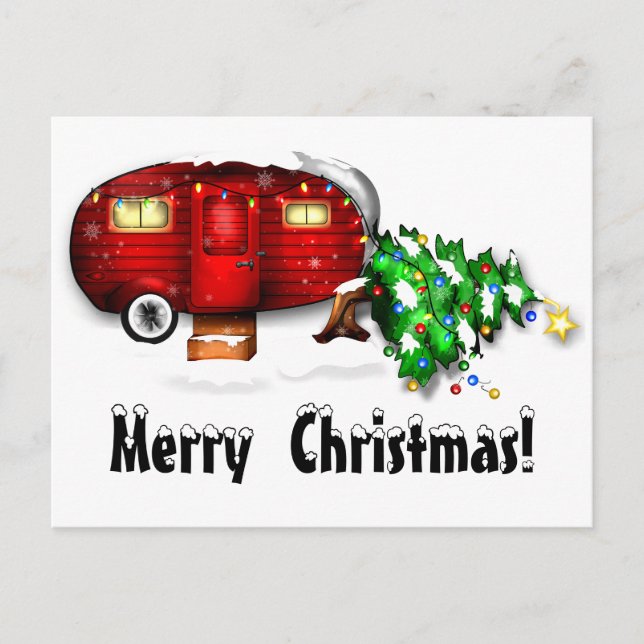 Vintage Retro Red Camper Christmas Postcard (Front)
