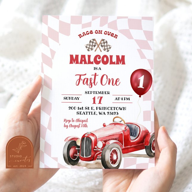 Vintage Retro Red Race Car Fast One 1st Birthday Invitation (Creator Uploaded)