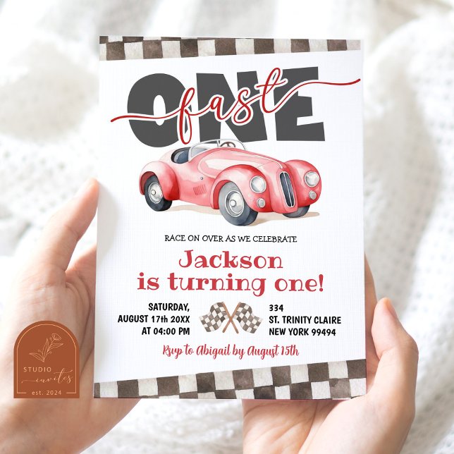 Vintage Retro Red Racing Car Fast One 1st Birthday Invitation (Creator Uploaded)