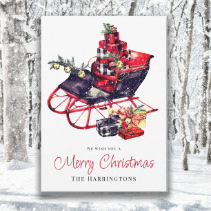 Vintage Retro Red Sleigh Christmas Greeting Card