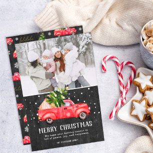 Vintage retro red truck Christmas tree chalk photo Holiday Card