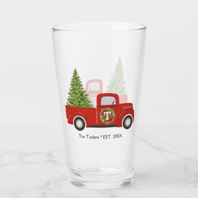 Vintage Retro Red Truck Christmas Tree Monogram Glass (Front)