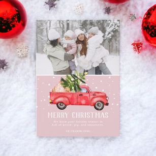 Vintage retro red truck Christmas tree pink photo Holiday Card