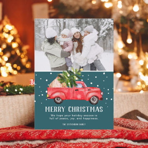Vintage retro red truck Christmas tree teal photo Holiday Card