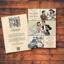 Vintage Retro Romantic Bride Groom Comic Wedding