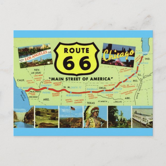 Vintage Retro Route 66 Map Postcard (Front)