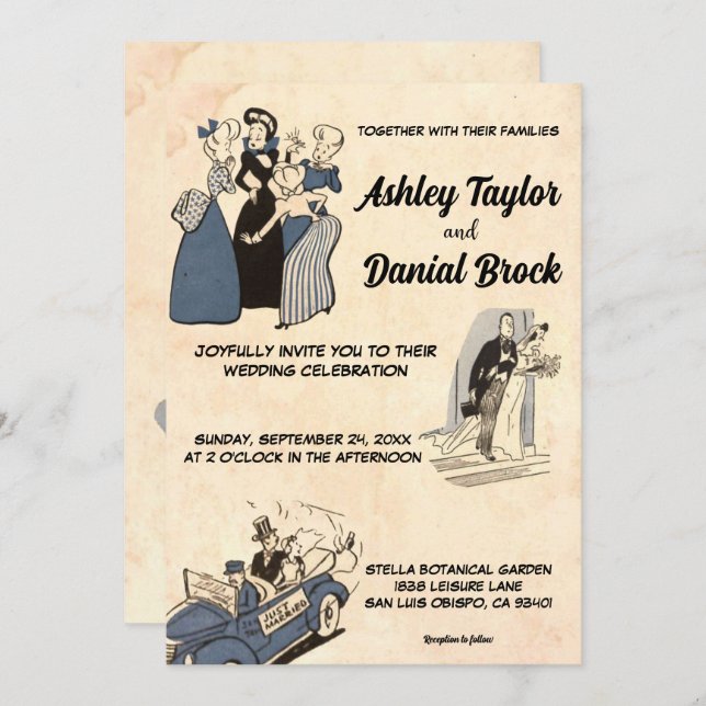 Vintage Retro Rustic Modern Comic Stylish Wedding Invitation (Front/Back)