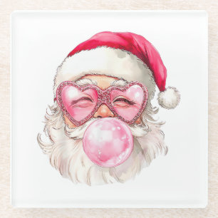 Vintage Retro Santa Christmas Bubble Gum Pink Sung Glass Coaster