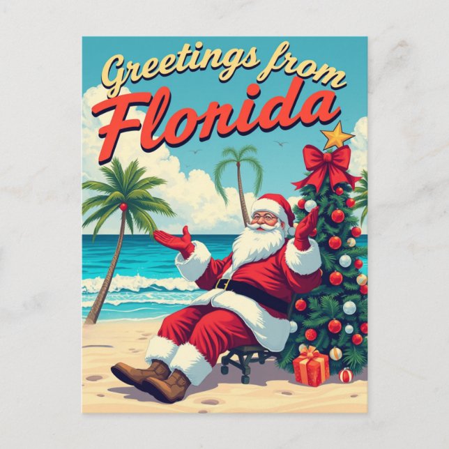 Vintage Retro Santa Claus at the Beach - Florida  Holiday Postcard (Front)