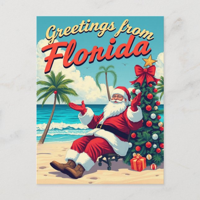 Vintage Retro Santa Claus at the Beach - Florida  Postcard (Front)