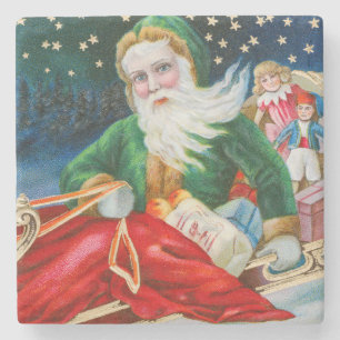 Vintage Retro Santa Claus Christmas Postcard Stone Coaster