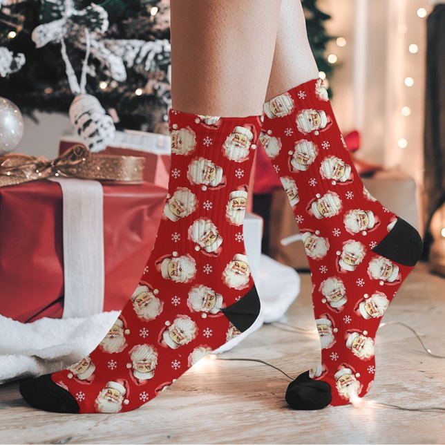 Vintage Retro Santa Claus Red Christmas Pattern Socks (Creator Uploaded)