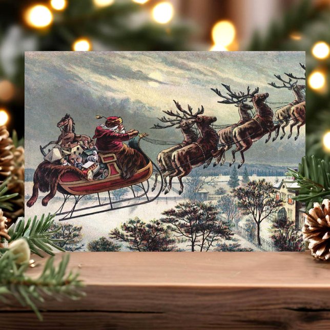 Vintage Retro Santa Claus Reindeer Sleigh Holiday Card (Creator Uploaded)