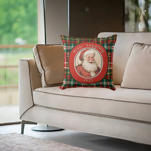 Vintage Retro Santa Rustic Plaid Cushion