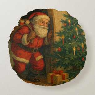 Vintage/retro Santa visiting at Christmas Round Cushion