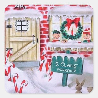 Vintage  Retro Santa Workshop Christmas Holiday Square Sticker