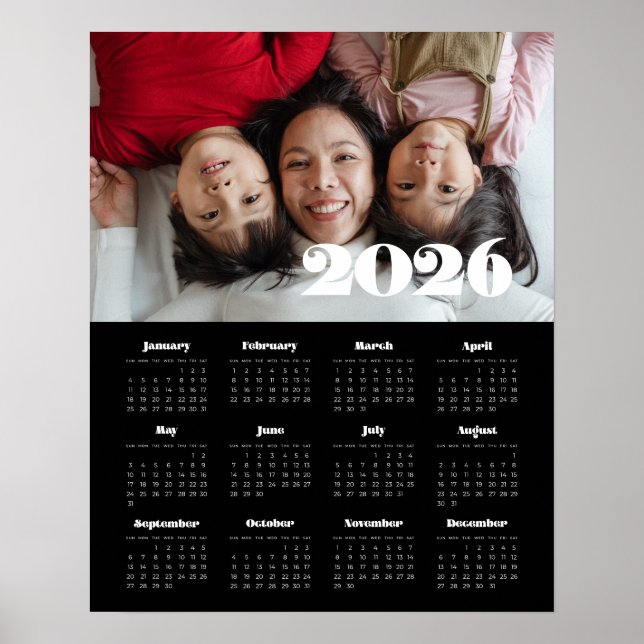 Vintage retro script 2026 Black photo calendar Poster (Front)