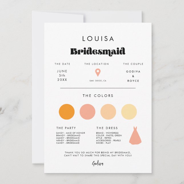 Vintage Retro Script Bridesmaid info card (Front)