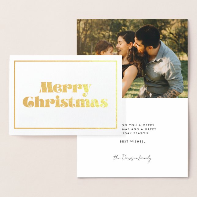 Vintage retro script Merry Christmas photo gold Foil Card (Display)