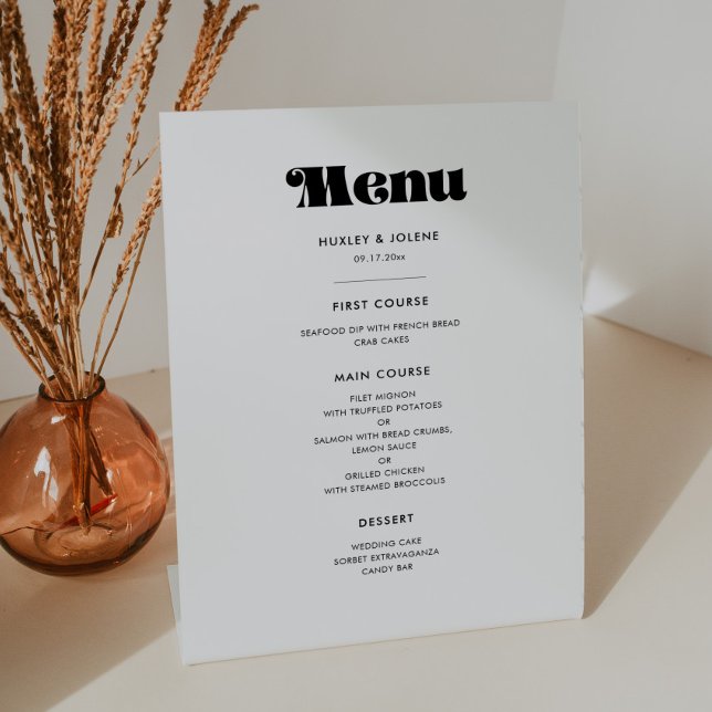 Vintage retro script wedding menu pedestal sign (Creator Uploaded)