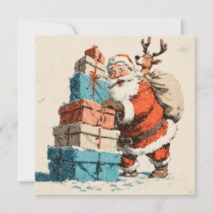Vintage Retro Simple Reindeer Santa Claus Holiday Card