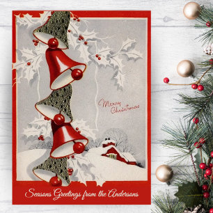 Vintage Retro Snowcapped Christmas Bells Custom Holiday Card