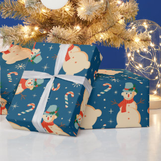 Vintage Retro Snowman and Candy Cane Blue  Wrapping Paper