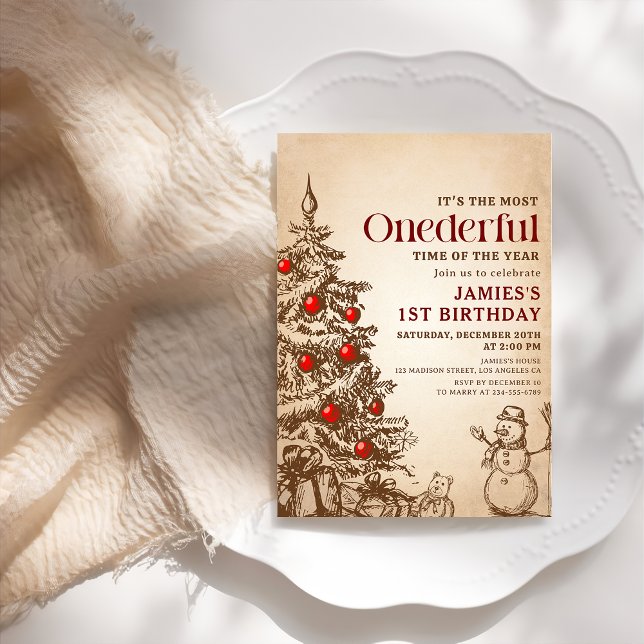 Vintage Retro Snowman Christmas Onederful Birthday Invitation (Creator Uploaded)