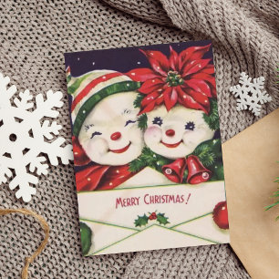 Vintage Retro Snowman Couple Christmas Holiday Card