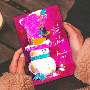 Vintage retro snowman pink Christmas new year Holiday Card