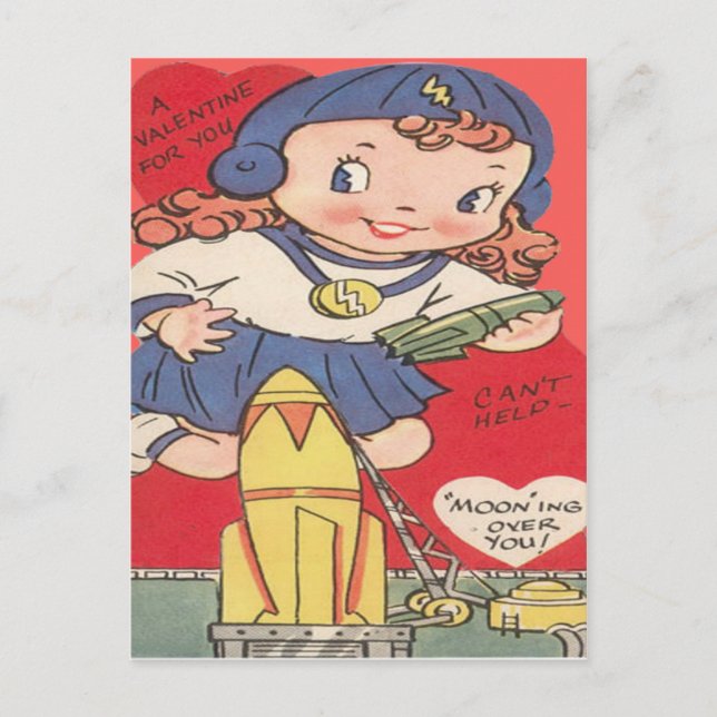 Vintage Retro Space Girl Valentine Card (Front)