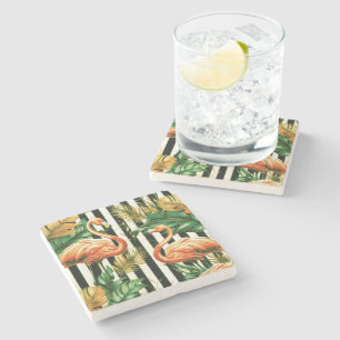 Vintage Retro Stripes Flamingo Stone Coaster