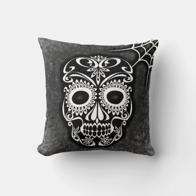 Vintage Retro Style Skull & Crossbones Cobweb Cushion (Front)