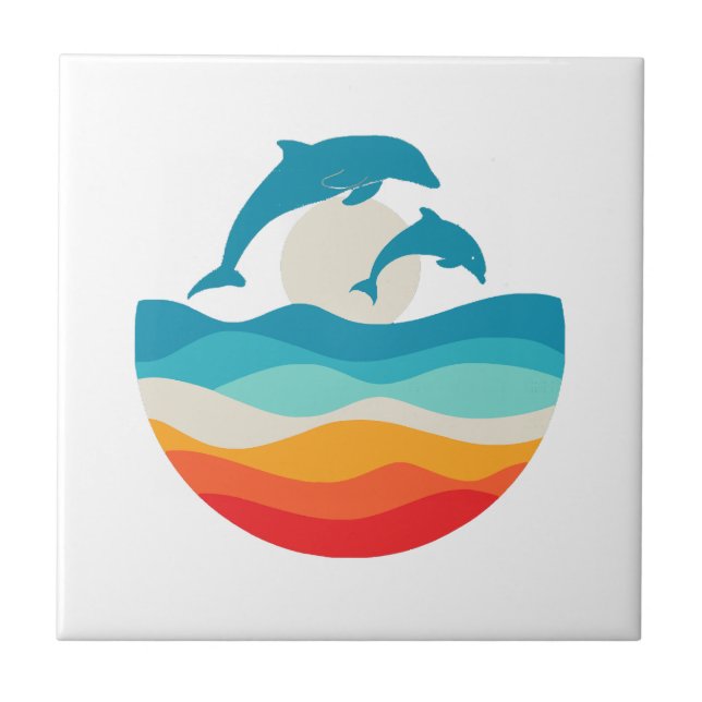 Vintage Retro Summer Time Beach Dolphin  Ceramic Tile (Front)