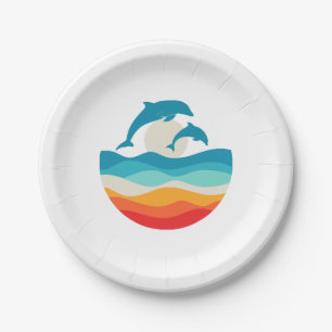 Vintage Retro Summer Time Beach Dolphin Paper Plate