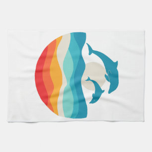 Vintage Retro Summer Time Beach Dolphin  Tea Towel