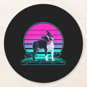 Vintage Retro Sunset Boston Terrier T-Shirt Round Paper Coaster
