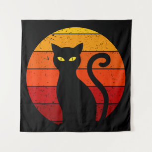 Vintage Retro Sunset Halloween Black Cat I Tapestry