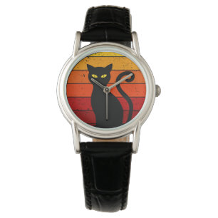 Vintage Retro Sunset Halloween Black Cat I Watch