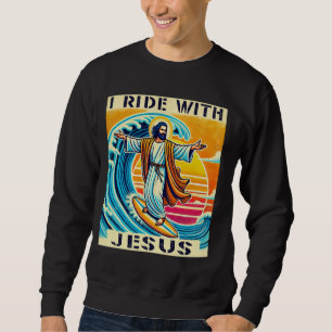 Vintage Retro Sunset I Ride With Jesus Surfing Jes Sweatshirt