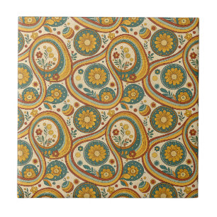 Vintage Retro Swirls & Flowers Boho Floral Pattern Ceramic Tile
