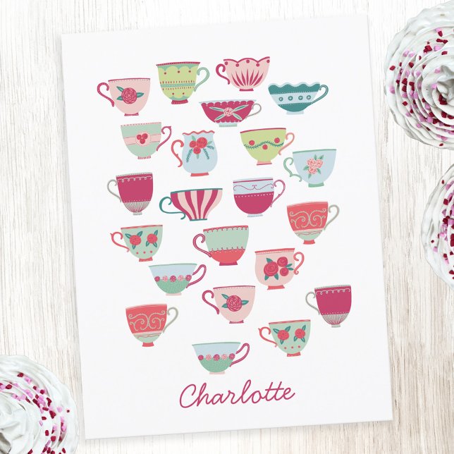Vintage Retro Teacup Personalised Name Postcard (Retro vintage teacup personalized post card)