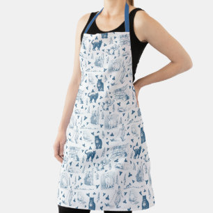 Vintage Retro Toile Pattern Cat Catnip White Blue Apron