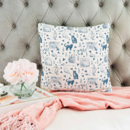 Vintage Retro Toile Pattern Cat Catnip White Blue Cushion