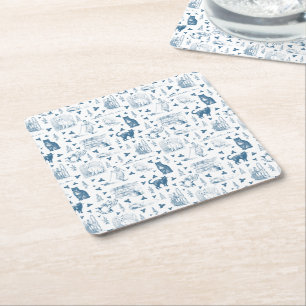 Vintage Retro Toile Pattern Cat Catnip White Blue Square Paper Coaster